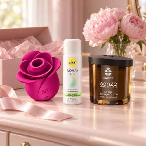 Σετ δώρου για εκείνη με Satisfyer Pro 2 και κερί μασάζ – εικόνα ατμόσφαιρας (εικόνα δημιουργημένη με ΤΝ)