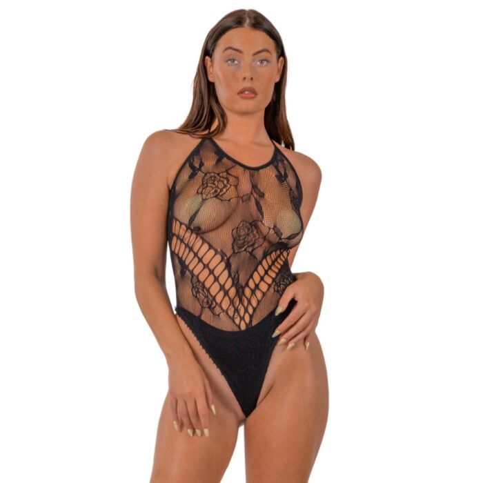 Teddies Lace LJ Floral Halter Bodysuit με ρυθμιζόμενο λαιμόκοψη Teddies Lace LJ Floral Halter Bodysuit με ρυθμιζόμενο λαιμόκοψη